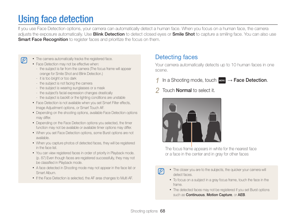 Using face detection, Detecting faces, Detecting faces …………………………… 68 | Samsung EC-MV800ZBPBUS User Manual | Page 69 / 146