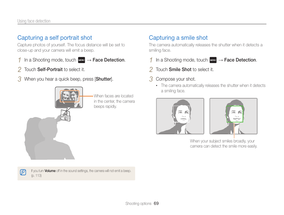 Capturing a self portrait shot, Capturing a smile shot | Samsung EC-MV800ZBPBUS User Manual | Page 70 / 146