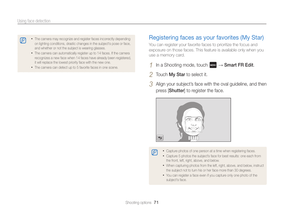 Registering faces as your favorites (my star) | Samsung EC-MV800ZBPBUS User Manual | Page 72 / 146