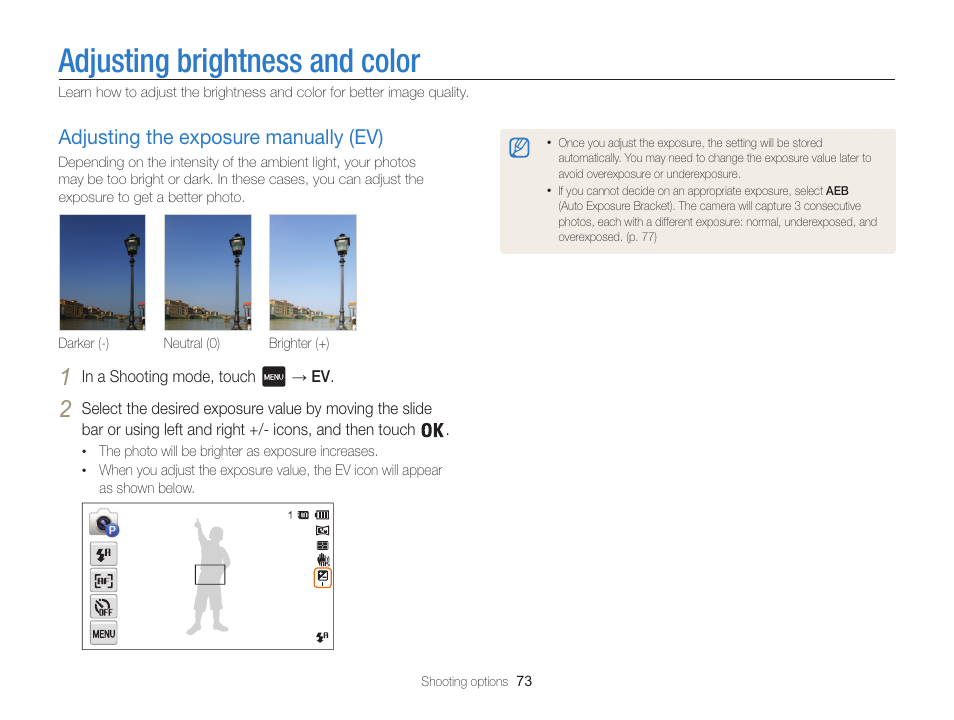 Adjusting brightness and color, Adjusting the exposure manually (ev), Adjust the exposure. (p. 73) | Adjusting the exposure manually (ev) …… 73 | Samsung EC-MV800ZBPBUS User Manual | Page 74 / 146