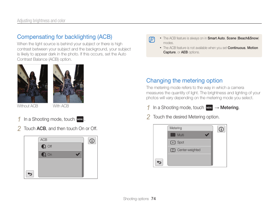 Compensating for backlighting (acb), Changing the metering option, Option. (p. 74) | Samsung EC-MV800ZBPBUS User Manual | Page 75 / 146