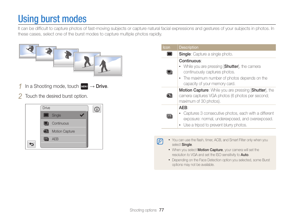 Using burst modes | Samsung EC-MV800ZBPBUS User Manual | Page 78 / 146