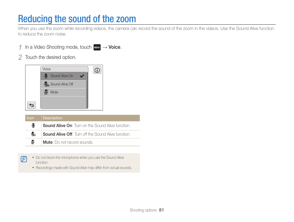 Reducing the sound of the zoom | Samsung EC-MV800ZBPBUS User Manual | Page 82 / 146