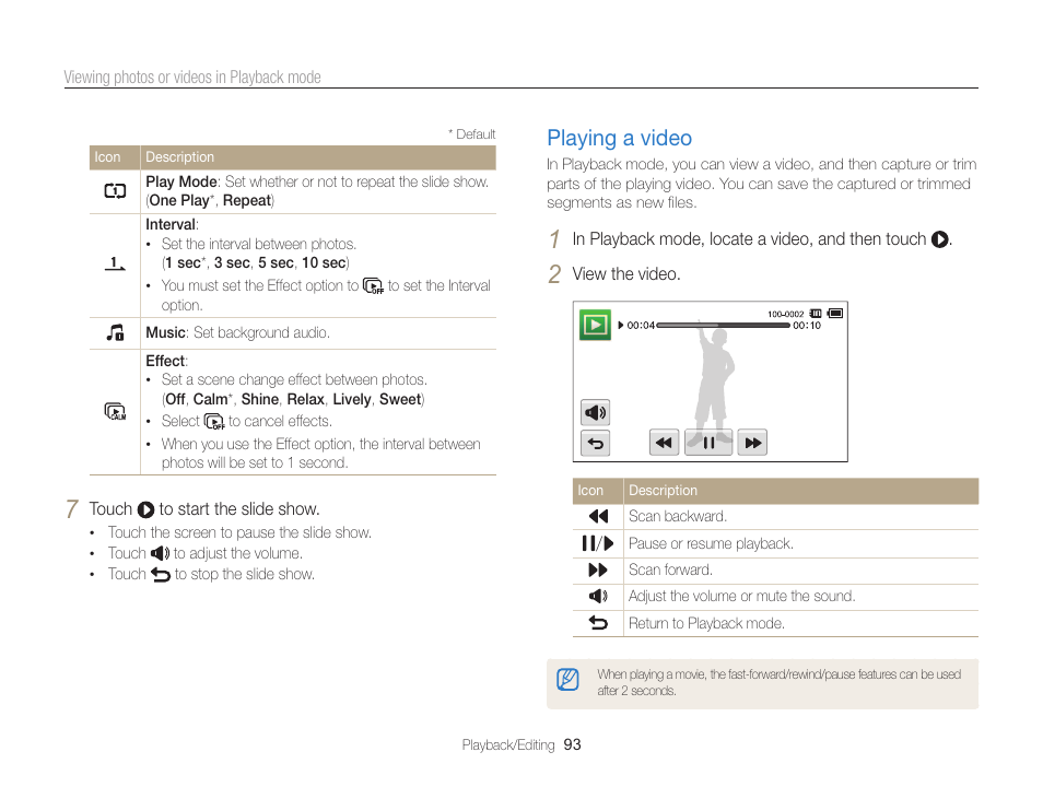 Playing a video, Playing a video …………………………… 93 | Samsung EC-MV800ZBPBUS User Manual | Page 94 / 146