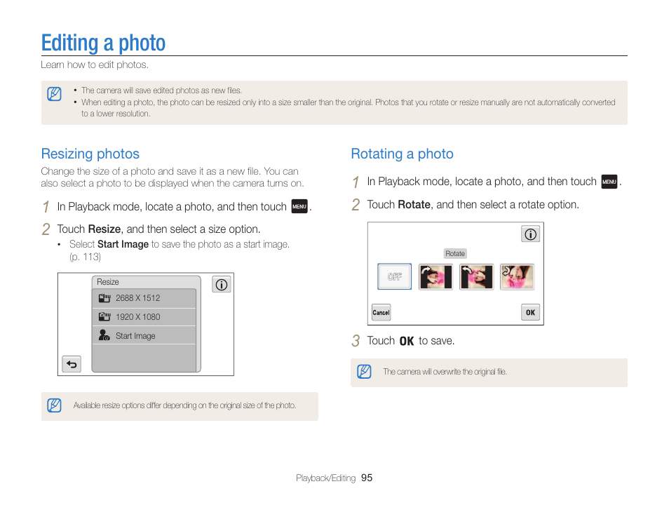 Editing a photo, Resizing photos, Rotating a photo | Samsung EC-MV800ZBPBUS User Manual | Page 96 / 146
