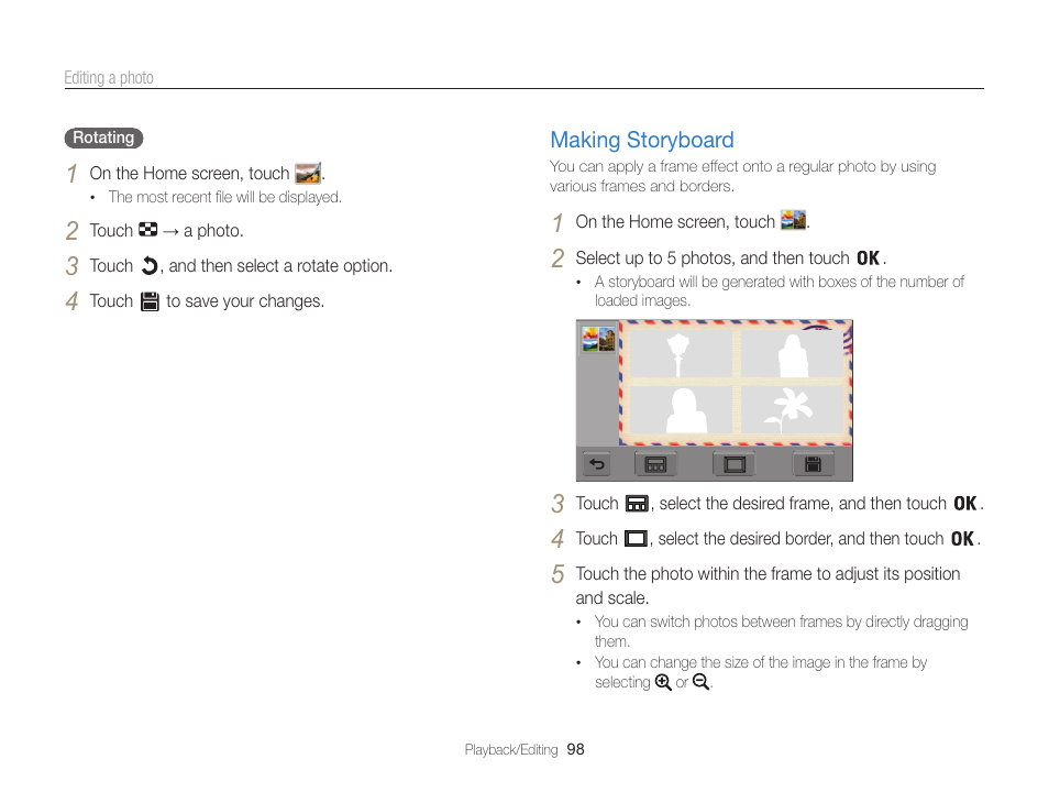 Making storyboard, Making storyboard ……………………… 98 | Samsung EC-MV800ZBPBUS User Manual | Page 99 / 146