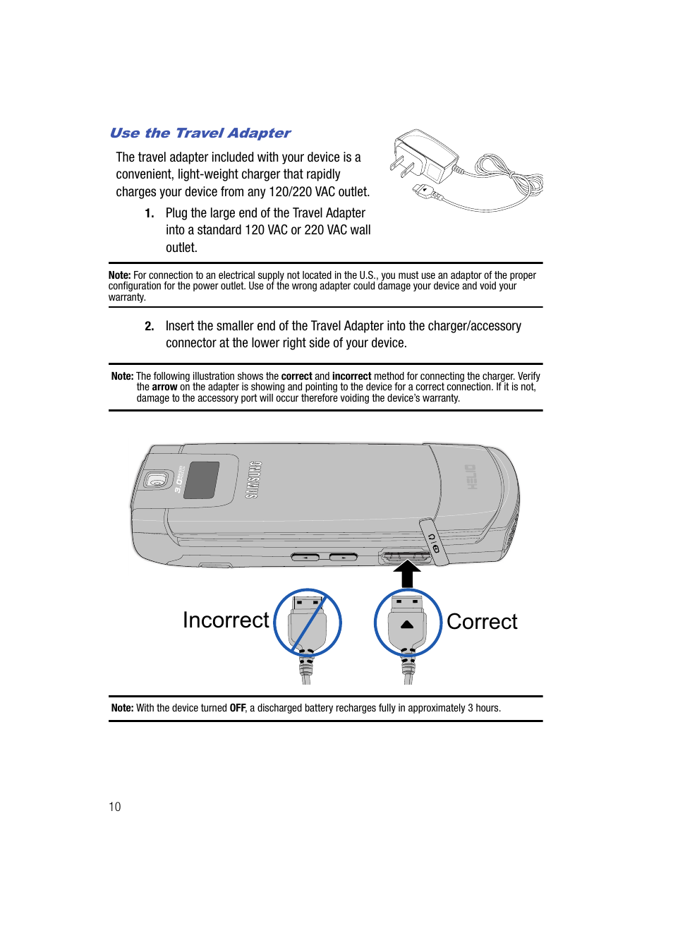 Use the travel adapter, Incorrect, Correct | Samsung SPH-A513BKASKE User Manual | Page 10 / 197