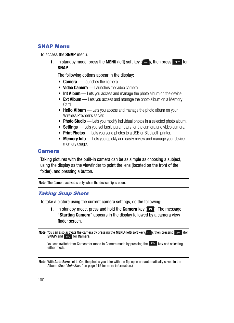 Snap menu, Camera, Taking snap shots | Snap menu camera | Samsung SPH-A513BKASKE User Manual | Page 100 / 197