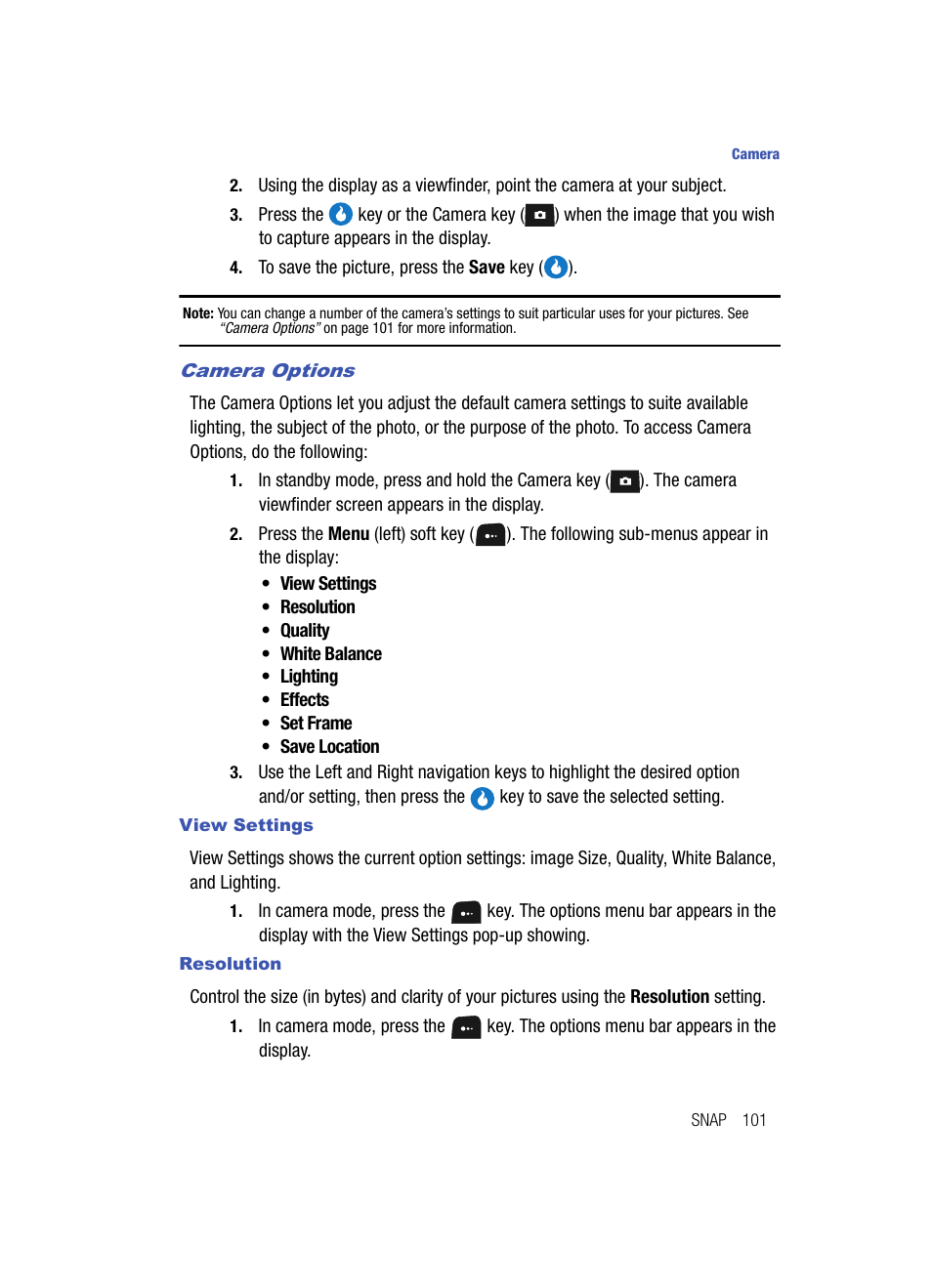 Camera options, View settings, Resolution | Samsung SPH-A513BKASKE User Manual | Page 101 / 197