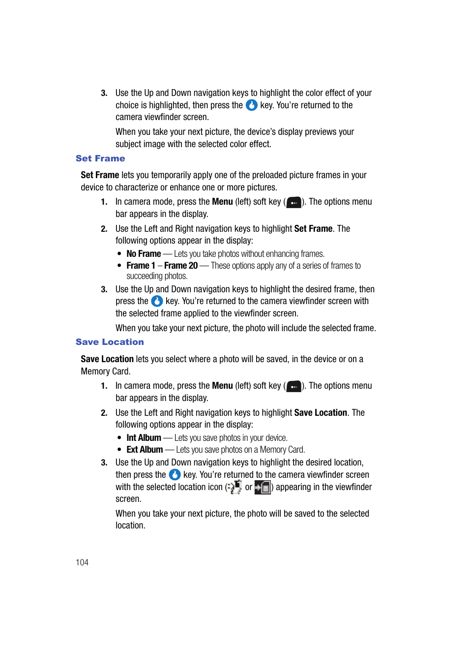 Set frame, Save location | Samsung SPH-A513BKASKE User Manual | Page 104 / 197