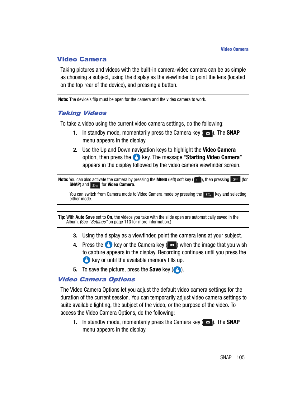 Video camera, Taking videos, Video camera options | Samsung SPH-A513BKASKE User Manual | Page 105 / 197
