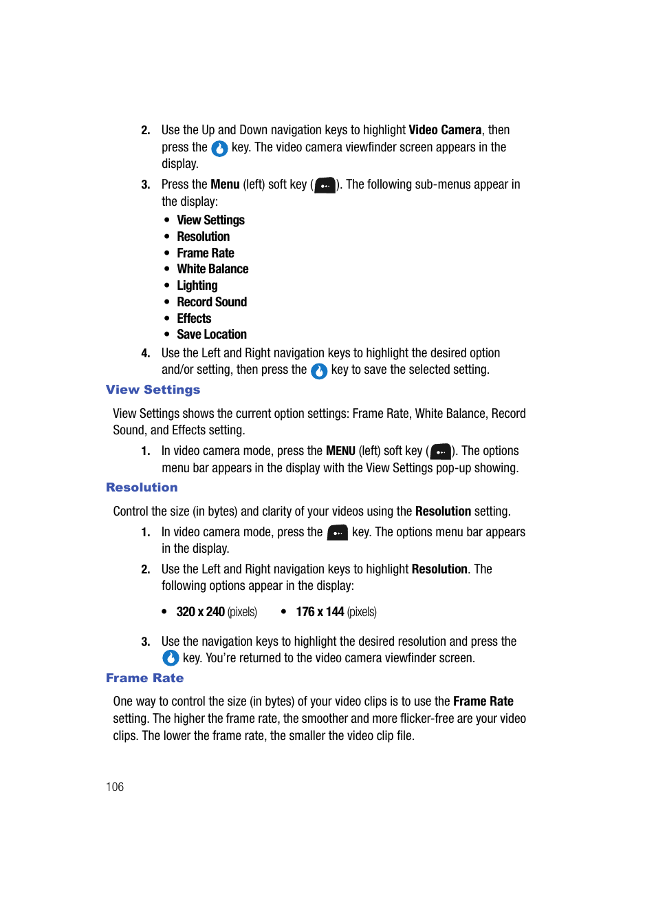 View settings, Resolution, Frame rate | Samsung SPH-A513BKASKE User Manual | Page 106 / 197