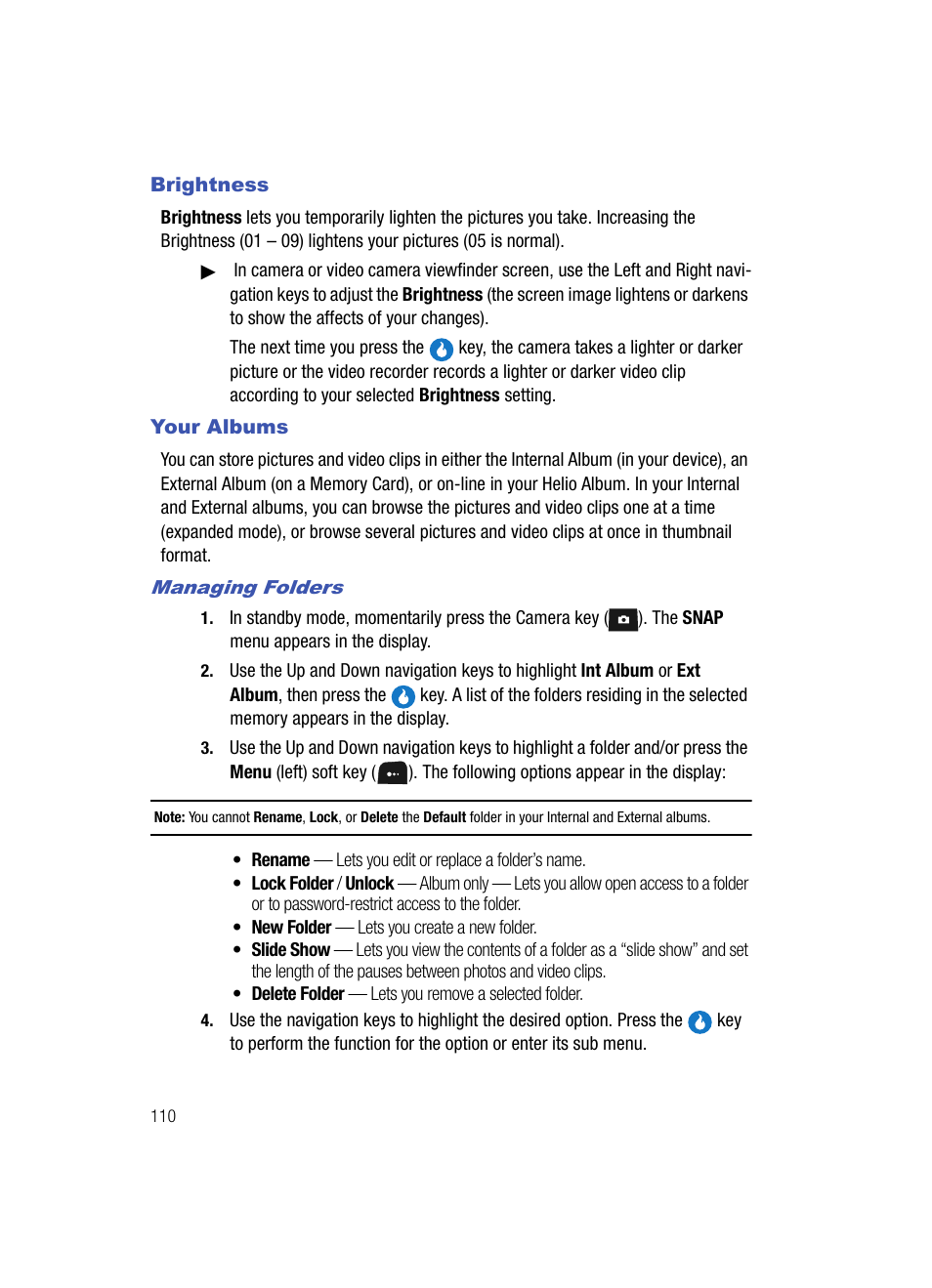 Brightness, Your albums, Managing folders | Brightness your albums | Samsung SPH-A513BKASKE User Manual | Page 110 / 197