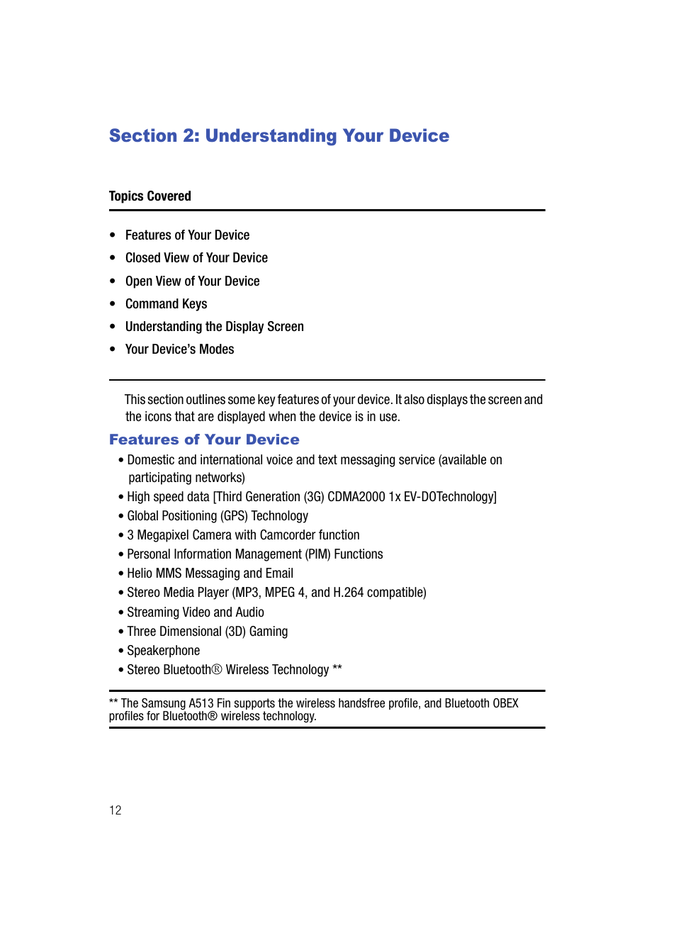 Section 2: understanding your device, Features of your device, Understanding your device | Samsung SPH-A513BKASKE User Manual | Page 12 / 197