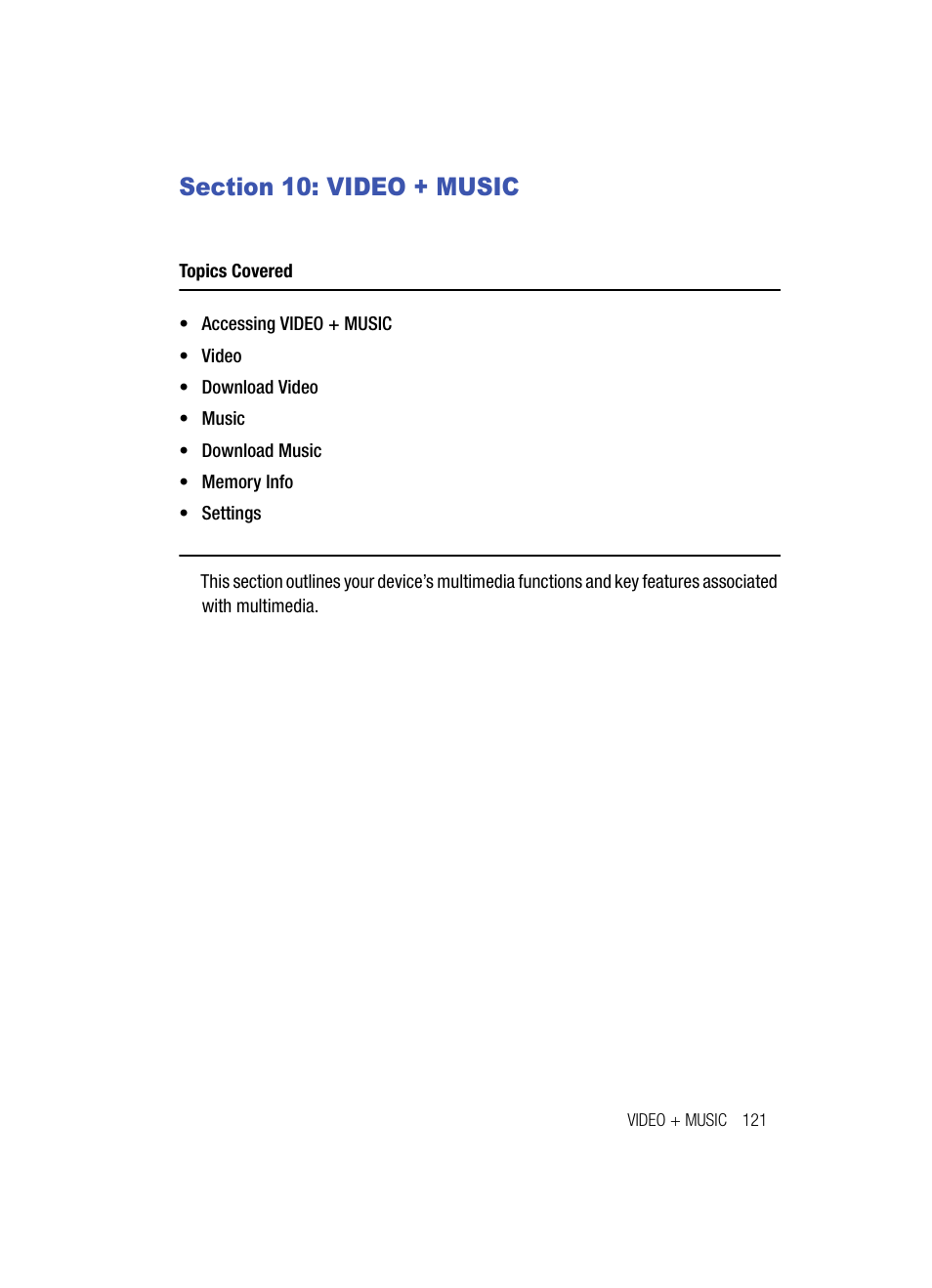 Section 10: video + music, Video + music | Samsung SPH-A513BKASKE User Manual | Page 121 / 197