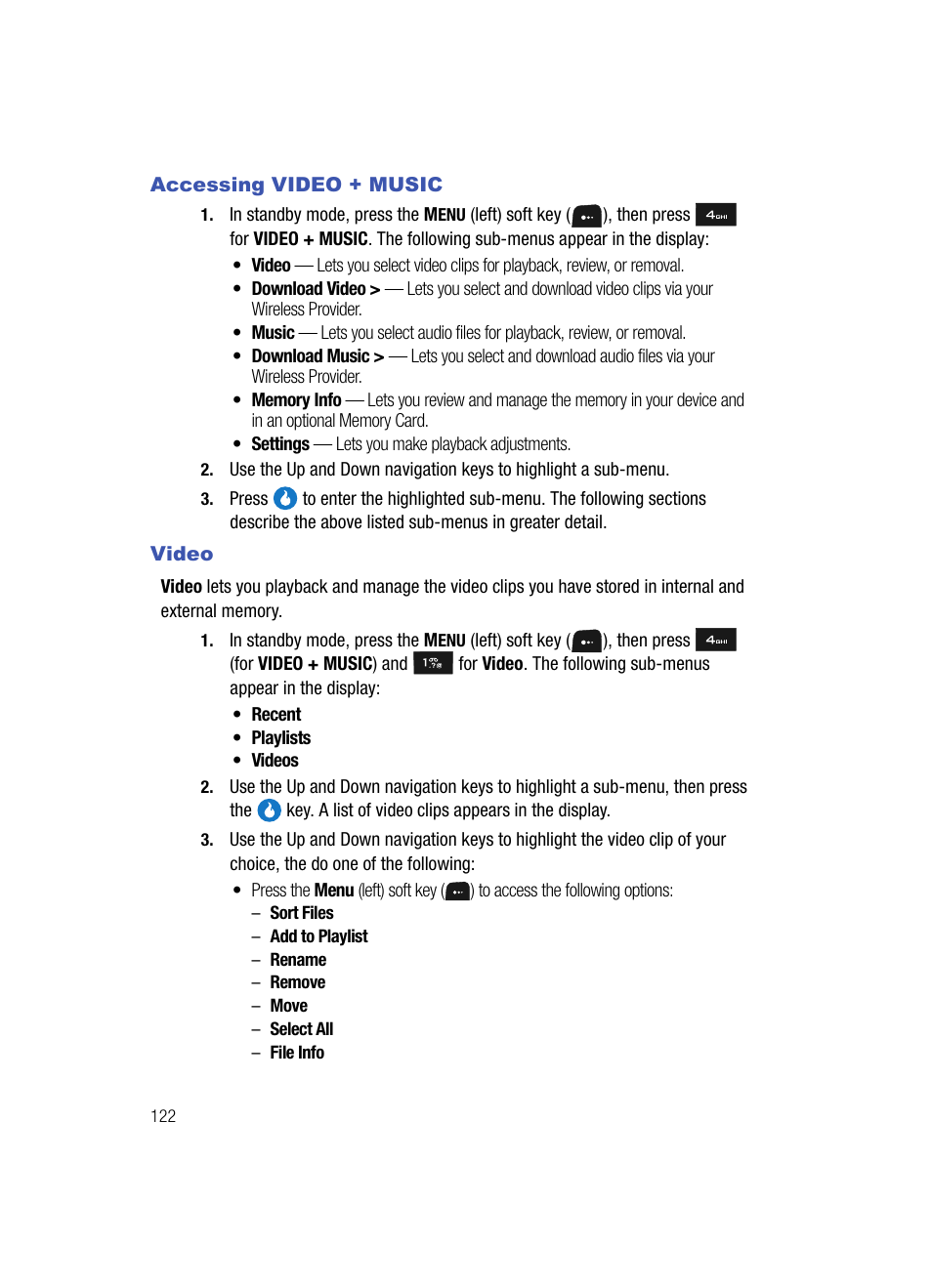 Accessing video + music, Video, Accessing video + music video | Samsung SPH-A513BKASKE User Manual | Page 122 / 197