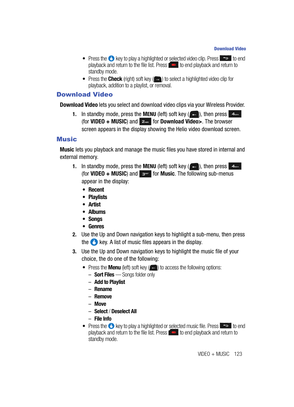Download video, Music, Download video music | Samsung SPH-A513BKASKE User Manual | Page 123 / 197