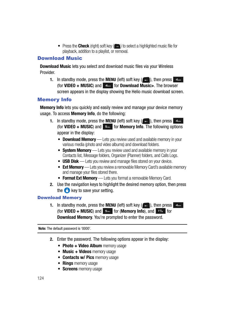 Download music, Memory info, Download memory | Download music memory info | Samsung SPH-A513BKASKE User Manual | Page 124 / 197