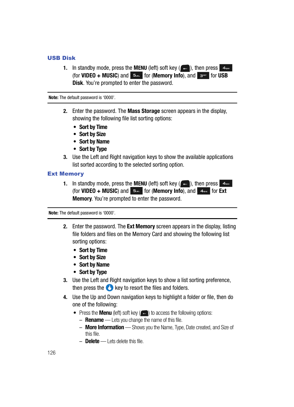 Usb disk, Ext memory | Samsung SPH-A513BKASKE User Manual | Page 126 / 197