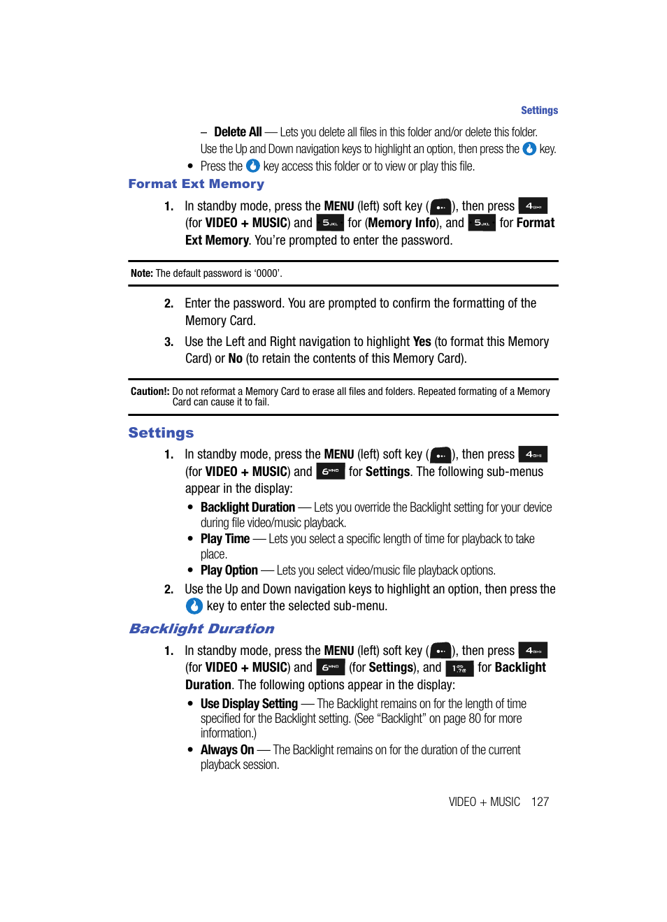 Format ext memory, Settings, Backlight duration | Samsung SPH-A513BKASKE User Manual | Page 127 / 197