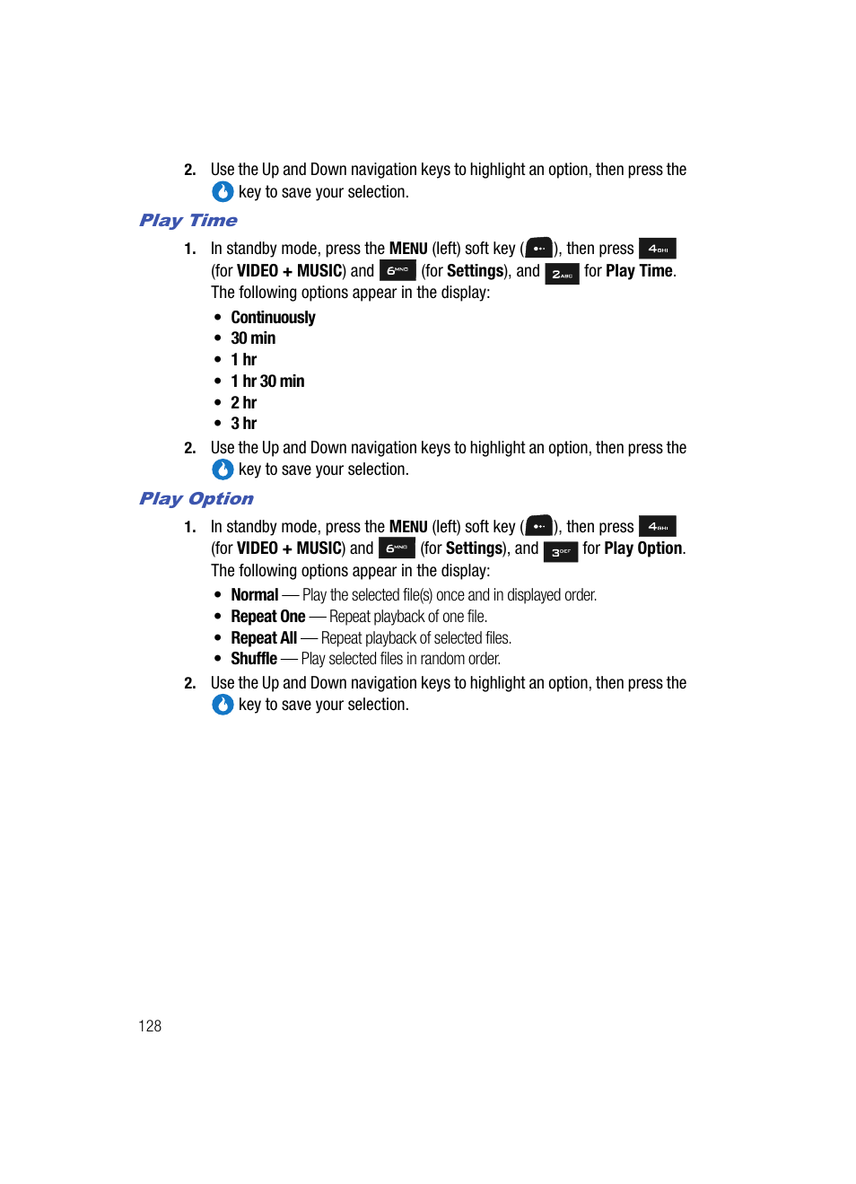 Play time, Play option | Samsung SPH-A513BKASKE User Manual | Page 128 / 197