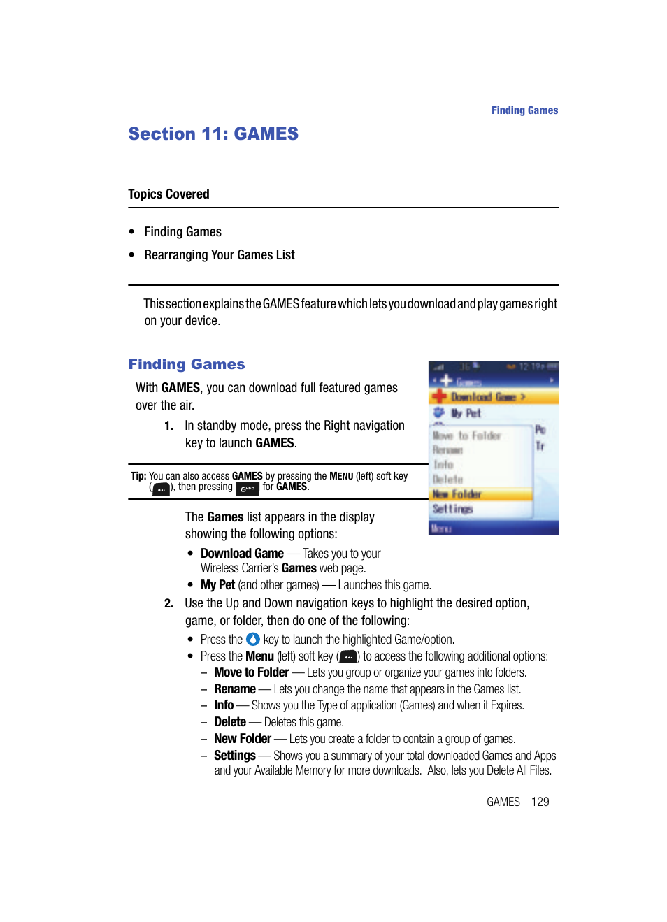 Section 11: games, Finding games, Games | Samsung SPH-A513BKASKE User Manual | Page 129 / 197
