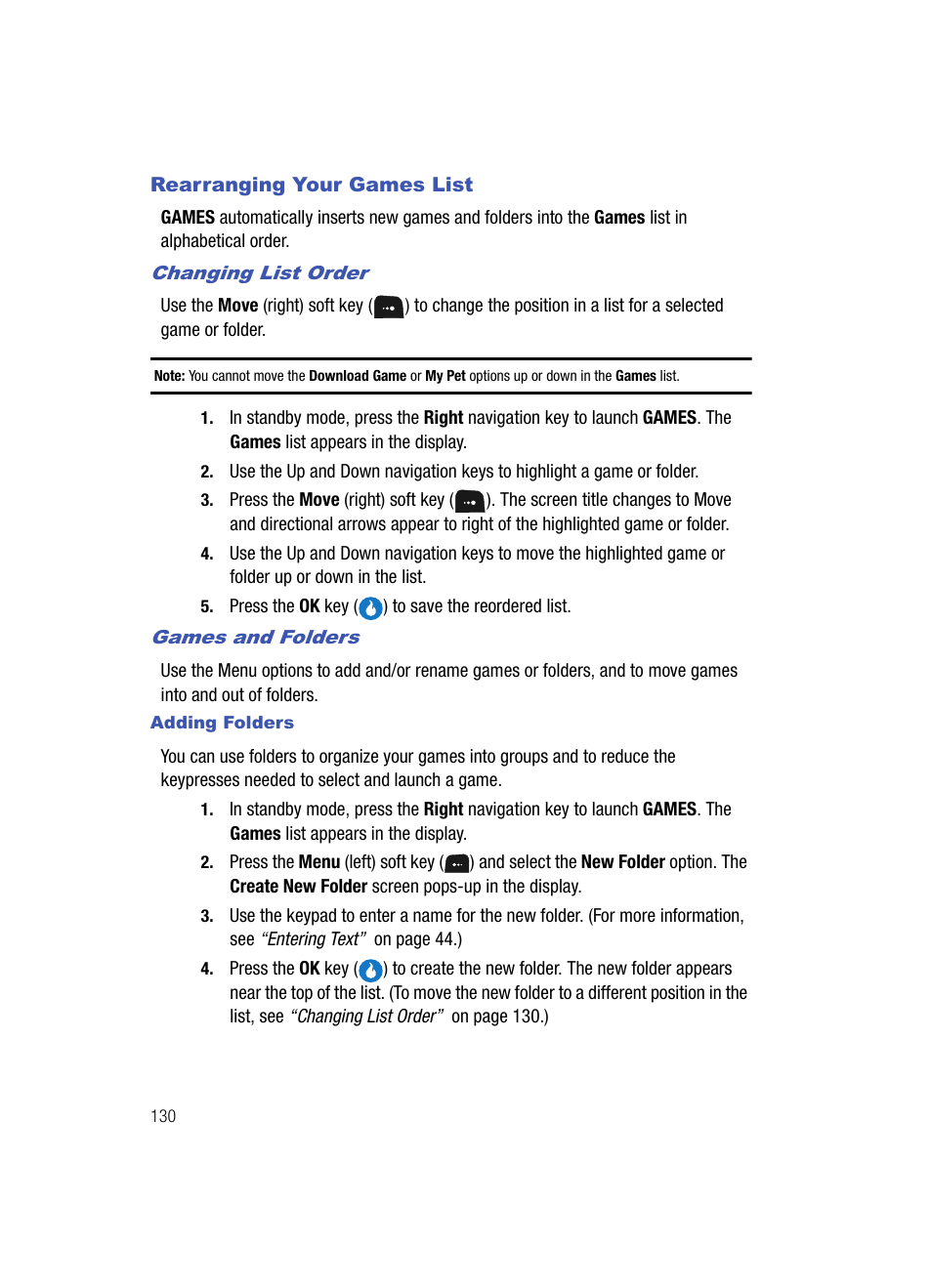 Rearranging your games list, Changing list order, Games and folders | Adding folders | Samsung SPH-A513BKASKE User Manual | Page 130 / 197