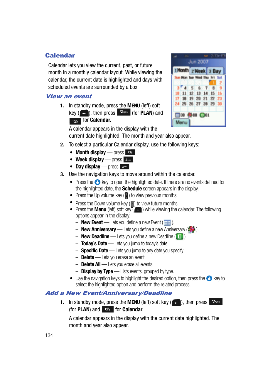 Calendar, View an event, Add a new event/anniversary/deadline | Samsung SPH-A513BKASKE User Manual | Page 134 / 197