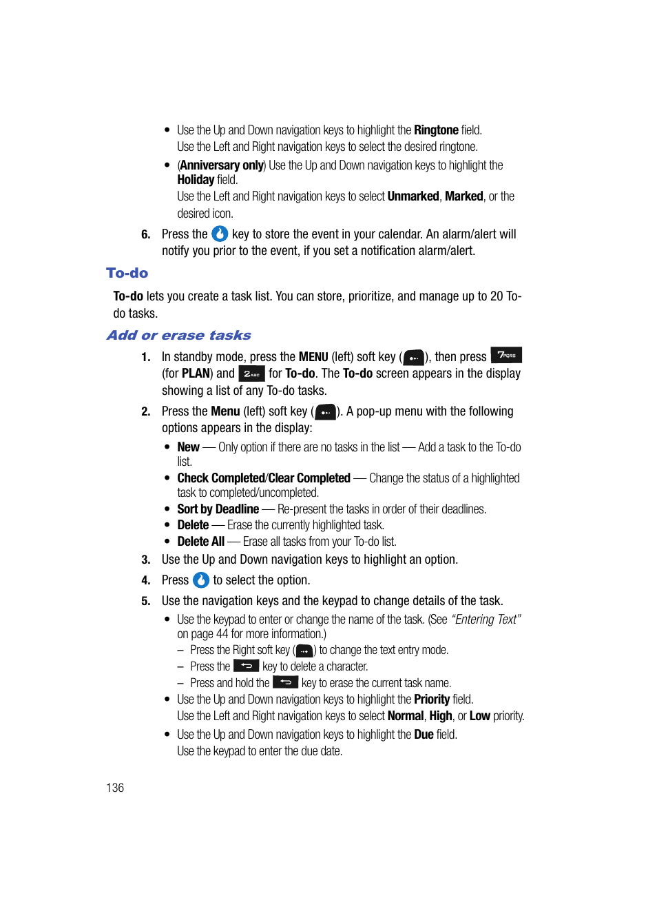 To-do, Add or erase tasks | Samsung SPH-A513BKASKE User Manual | Page 136 / 197
