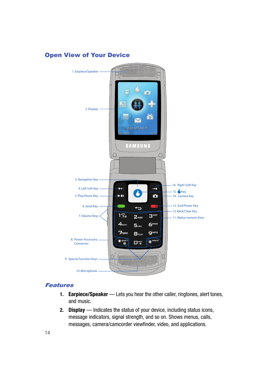 Open view of your device, Features, Open view of your device features | Samsung SPH-A513BKASKE User Manual | Page 14 / 197