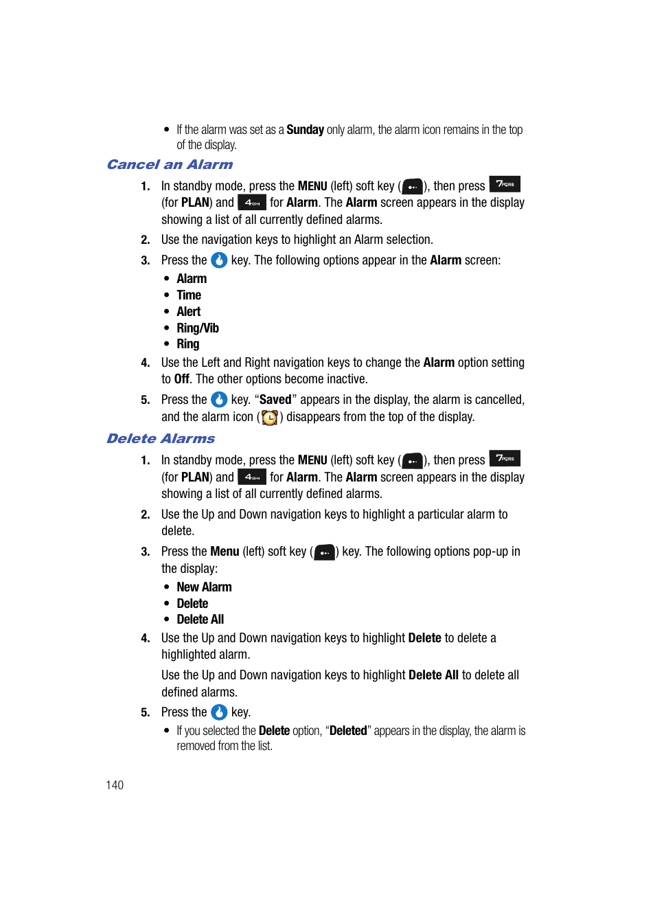 Cancel an alarm, Delete alarms | Samsung SPH-A513BKASKE User Manual | Page 140 / 197
