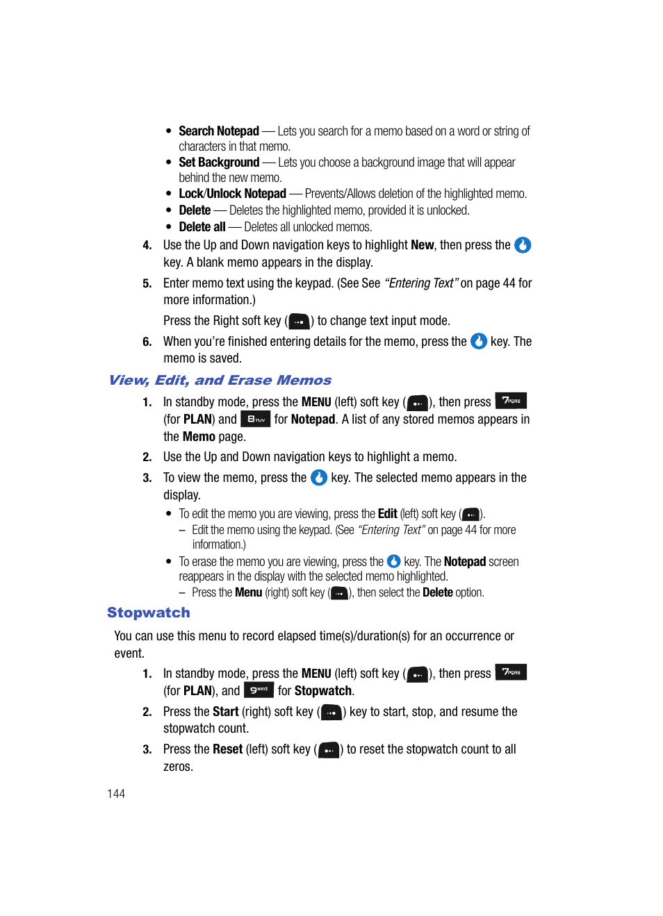 View, edit, and erase memos, Stopwatch | Samsung SPH-A513BKASKE User Manual | Page 144 / 197