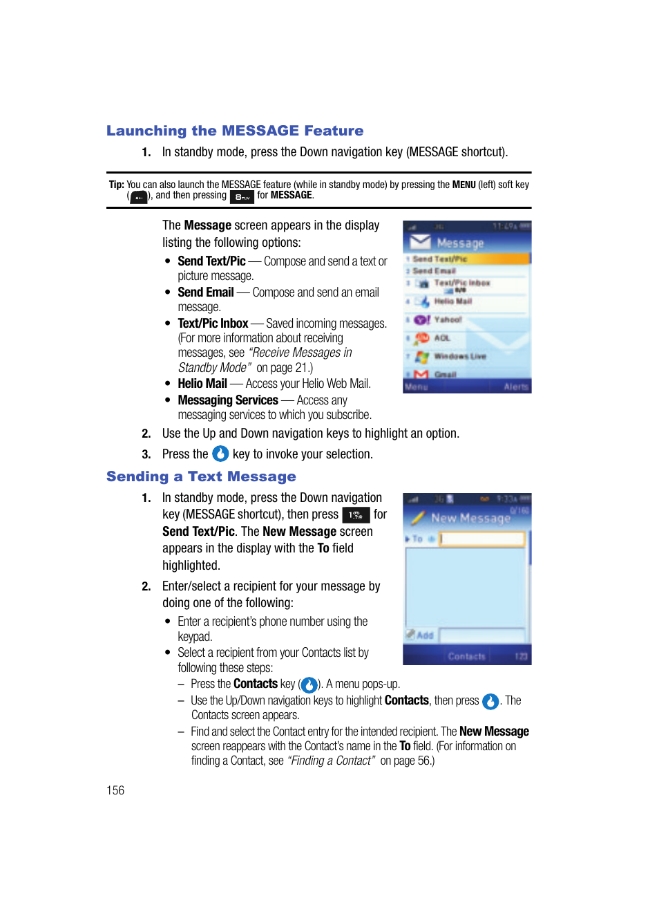 Launching the message feature, Sending a text message | Samsung SPH-A513BKASKE User Manual | Page 156 / 197
