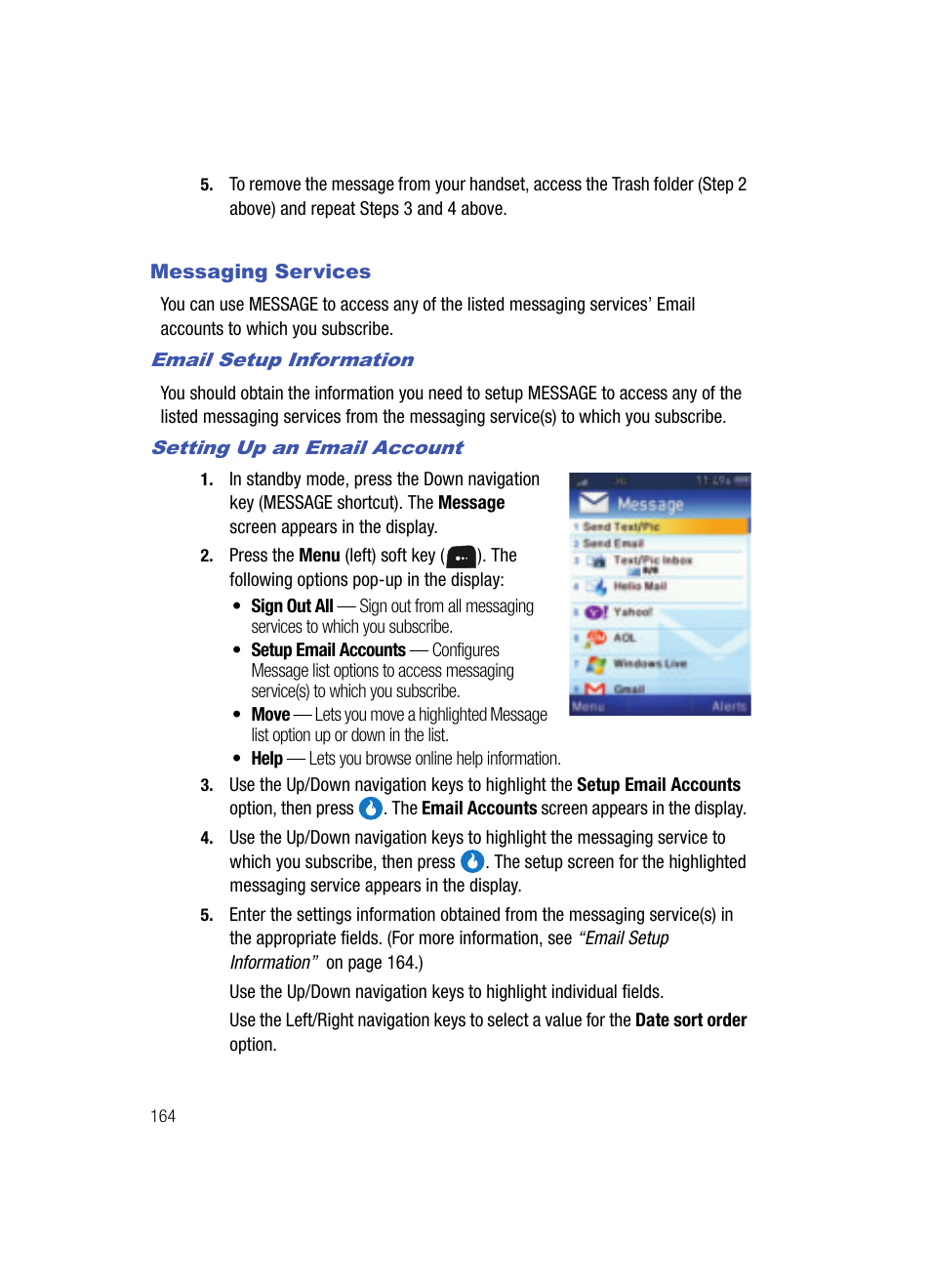 Messaging services, Email setup information, Setting up an email account | Samsung SPH-A513BKASKE User Manual | Page 164 / 197