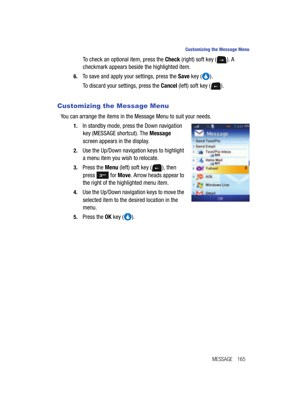 Customizing the message menu | Samsung SPH-A513BKASKE User Manual | Page 165 / 197