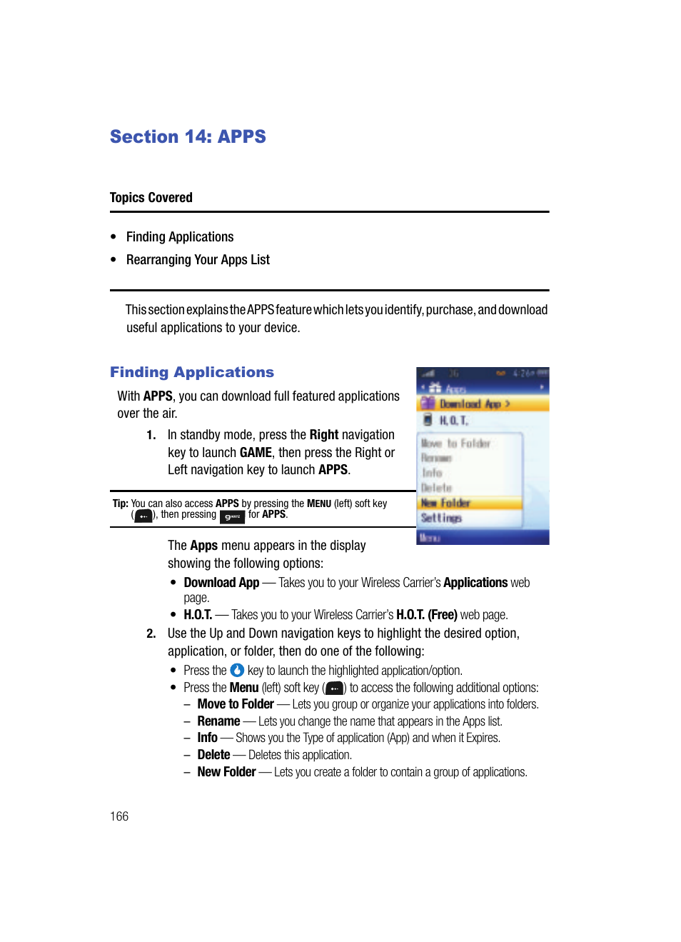 Section 14: apps, Finding applications, Apps | Samsung SPH-A513BKASKE User Manual | Page 166 / 197