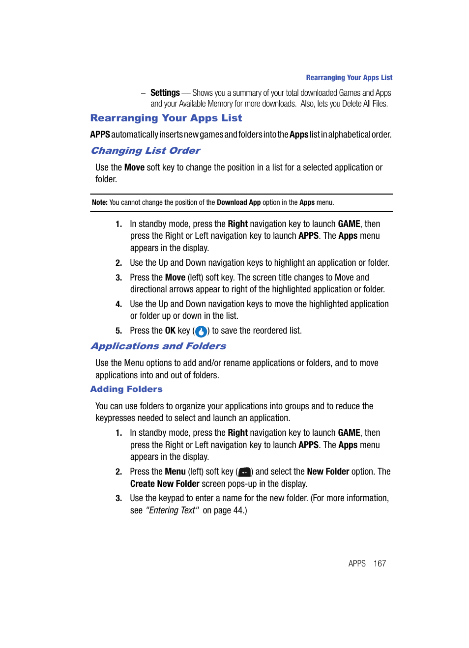 Rearranging your apps list, Changing list order, Applications and folders | Adding folders | Samsung SPH-A513BKASKE User Manual | Page 167 / 197