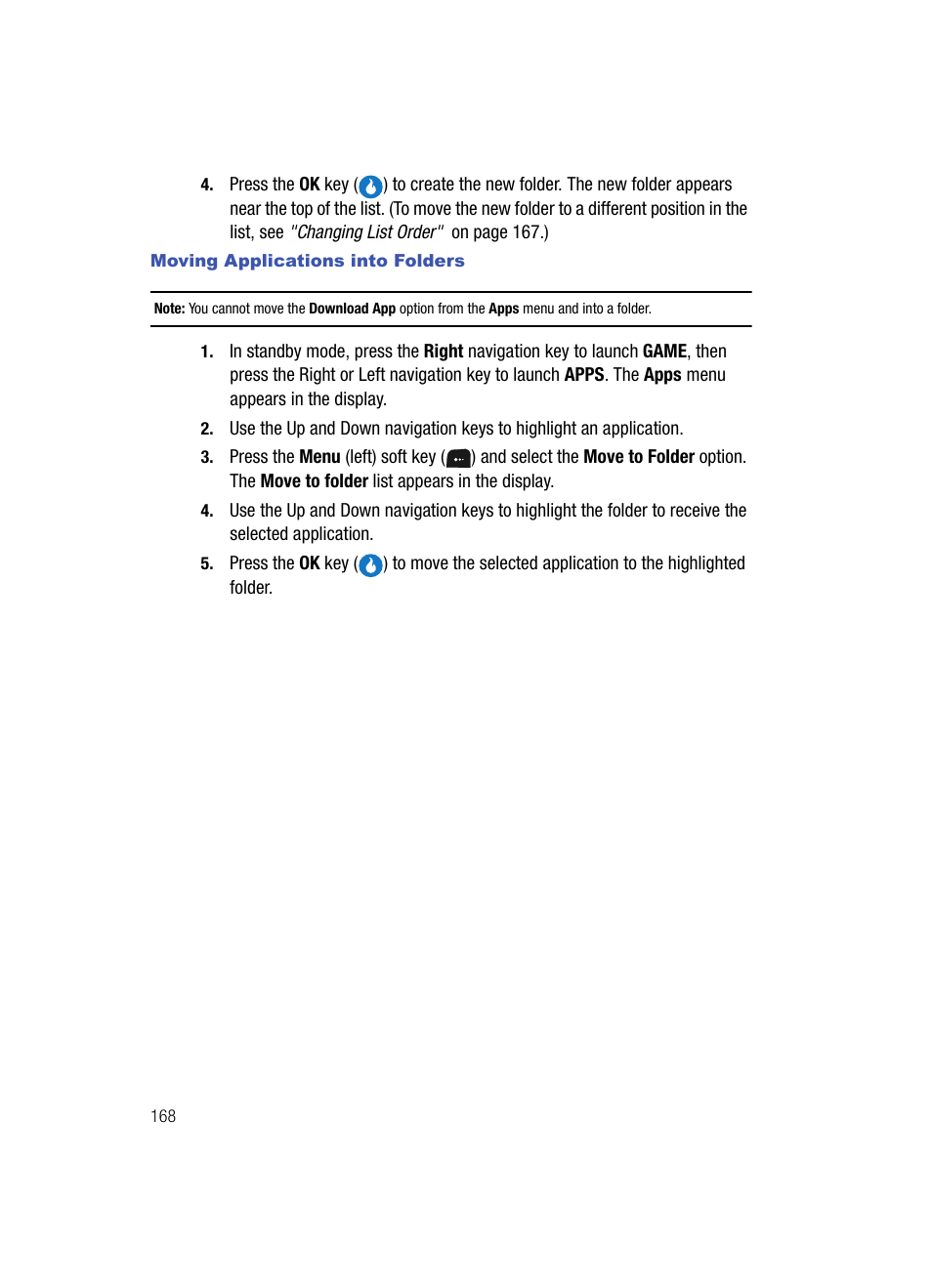 Moving applications into folders | Samsung SPH-A513BKASKE User Manual | Page 168 / 197