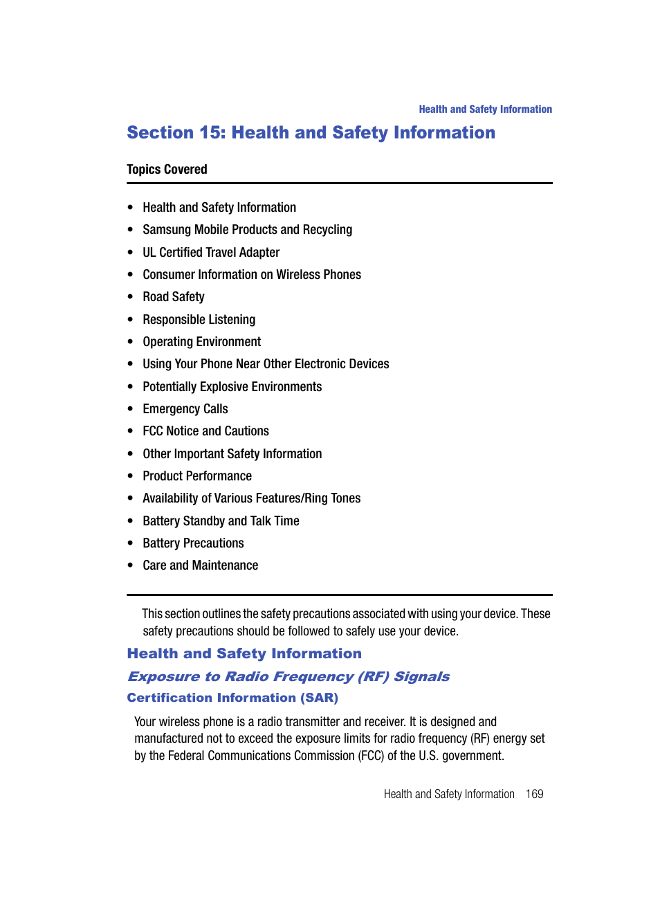 Section 15: health and safety information, Health and safety information, Exposure to radio frequency (rf) signals | Certification information (sar) | Samsung SPH-A513BKASKE User Manual | Page 169 / 197