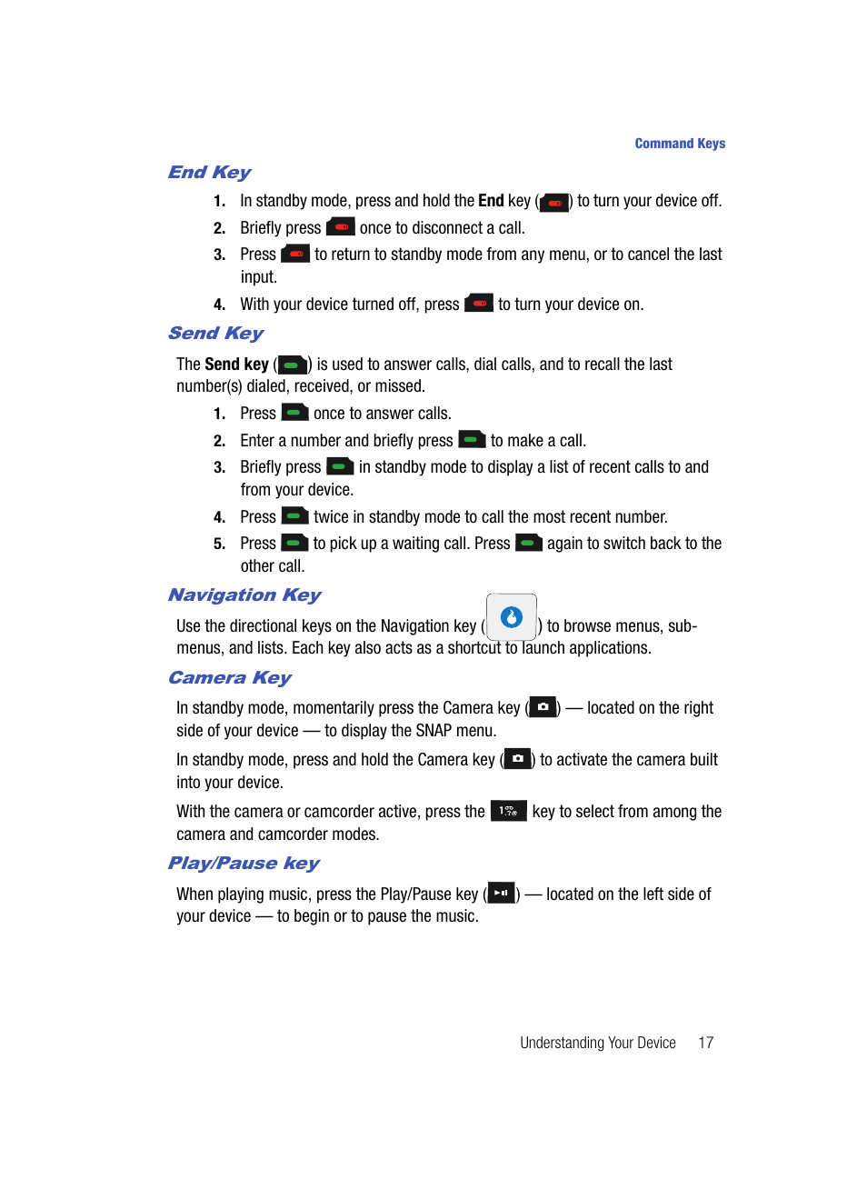 End key, Send key, Navigation key | Camera key, Play/pause key | Samsung SPH-A513BKASKE User Manual | Page 17 / 197