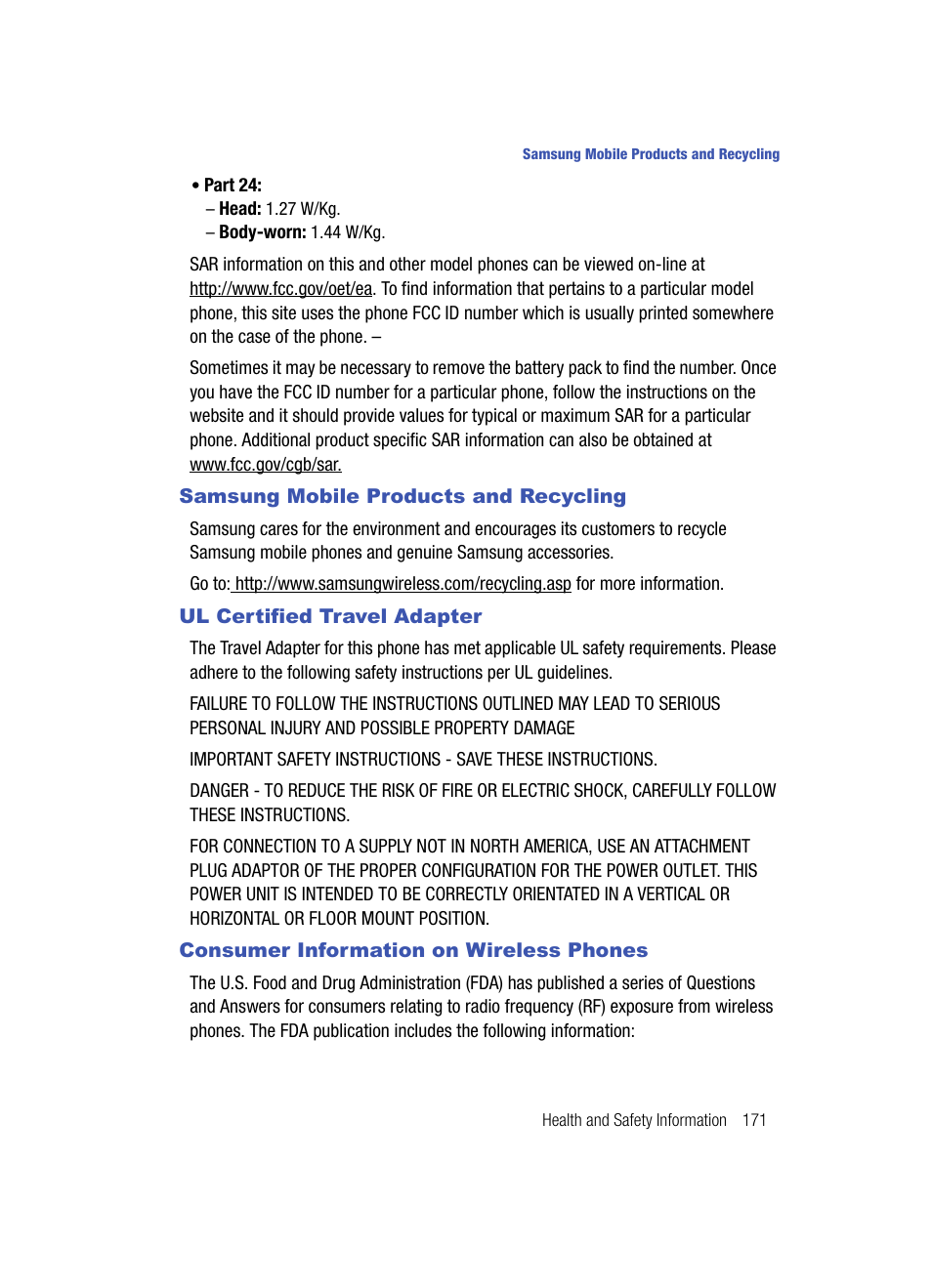 Samsung mobile products and recycling, Ul certified travel adapter, Consumer information on wireless phones | Samsung SPH-A513BKASKE User Manual | Page 171 / 197