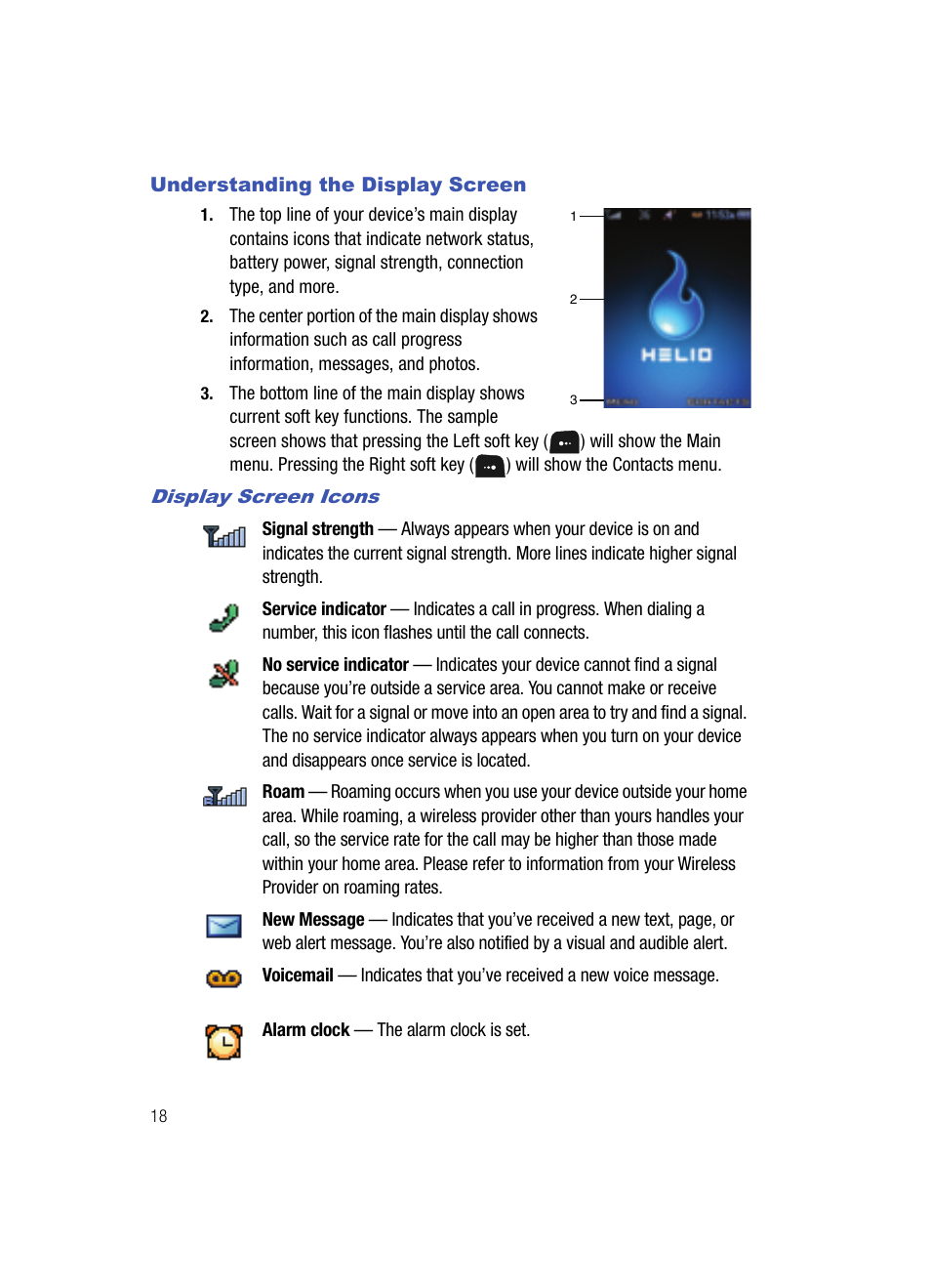 Understanding the display screen, Display screen icons | Samsung SPH-A513BKASKE User Manual | Page 18 / 197