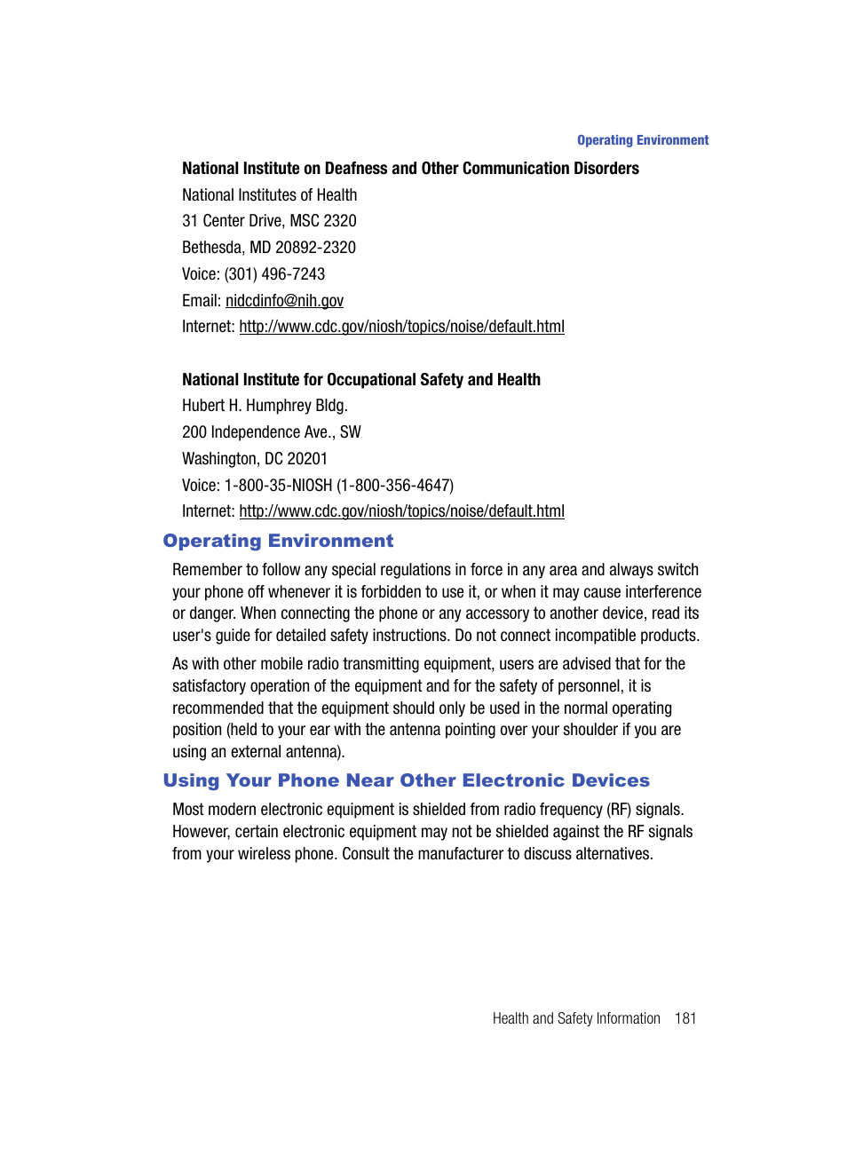 Operating environment, Using your phone near other electronic devices | Samsung SPH-A513BKASKE User Manual | Page 181 / 197
