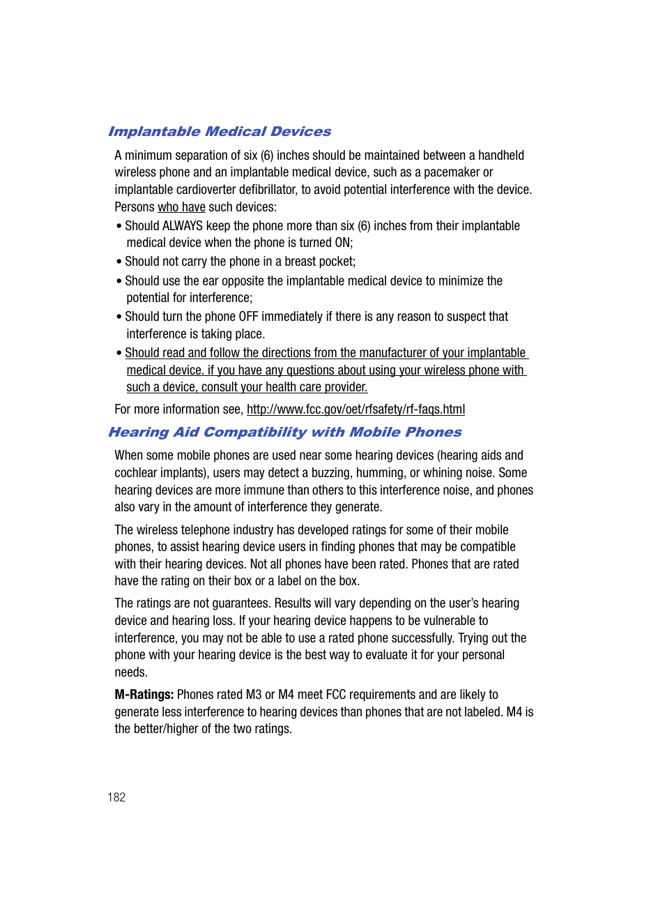 Implantable medical devices, Hearing aid compatibility with mobile phones | Samsung SPH-A513BKASKE User Manual | Page 182 / 197