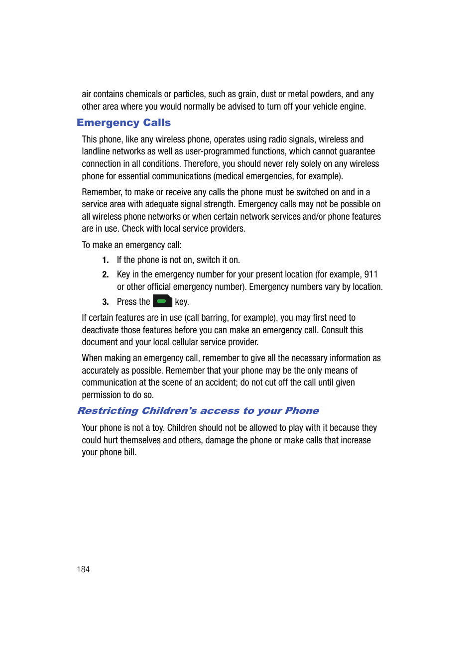 Emergency calls, Restricting children's access to your phone | Samsung SPH-A513BKASKE User Manual | Page 184 / 197