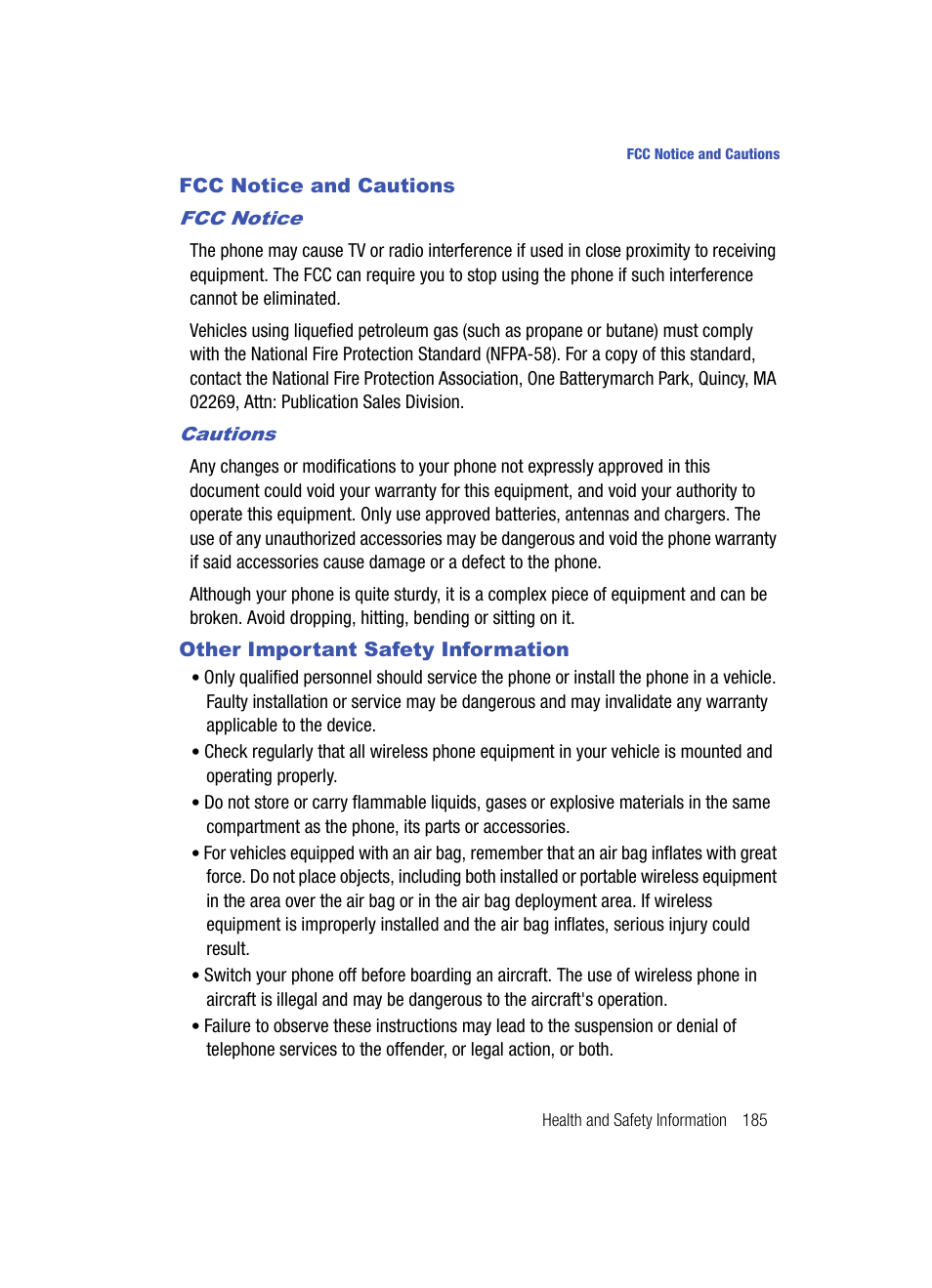 Fcc notice and cautions, Fcc notice, Cautions | Other important safety information | Samsung SPH-A513BKASKE User Manual | Page 185 / 197