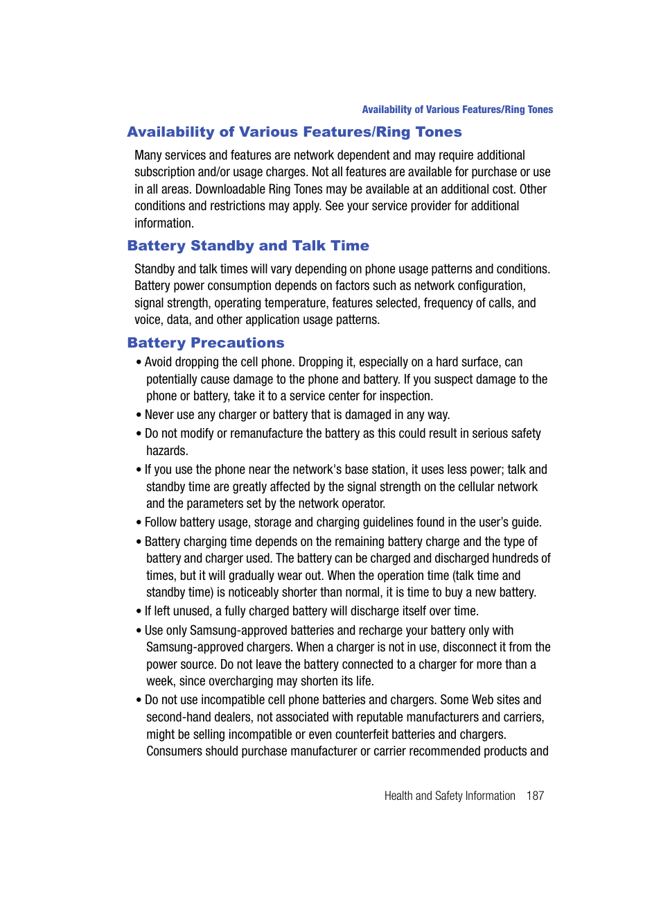 Availability of various features/ring tones, Battery standby and talk time, Battery precautions | Samsung SPH-A513BKASKE User Manual | Page 187 / 197