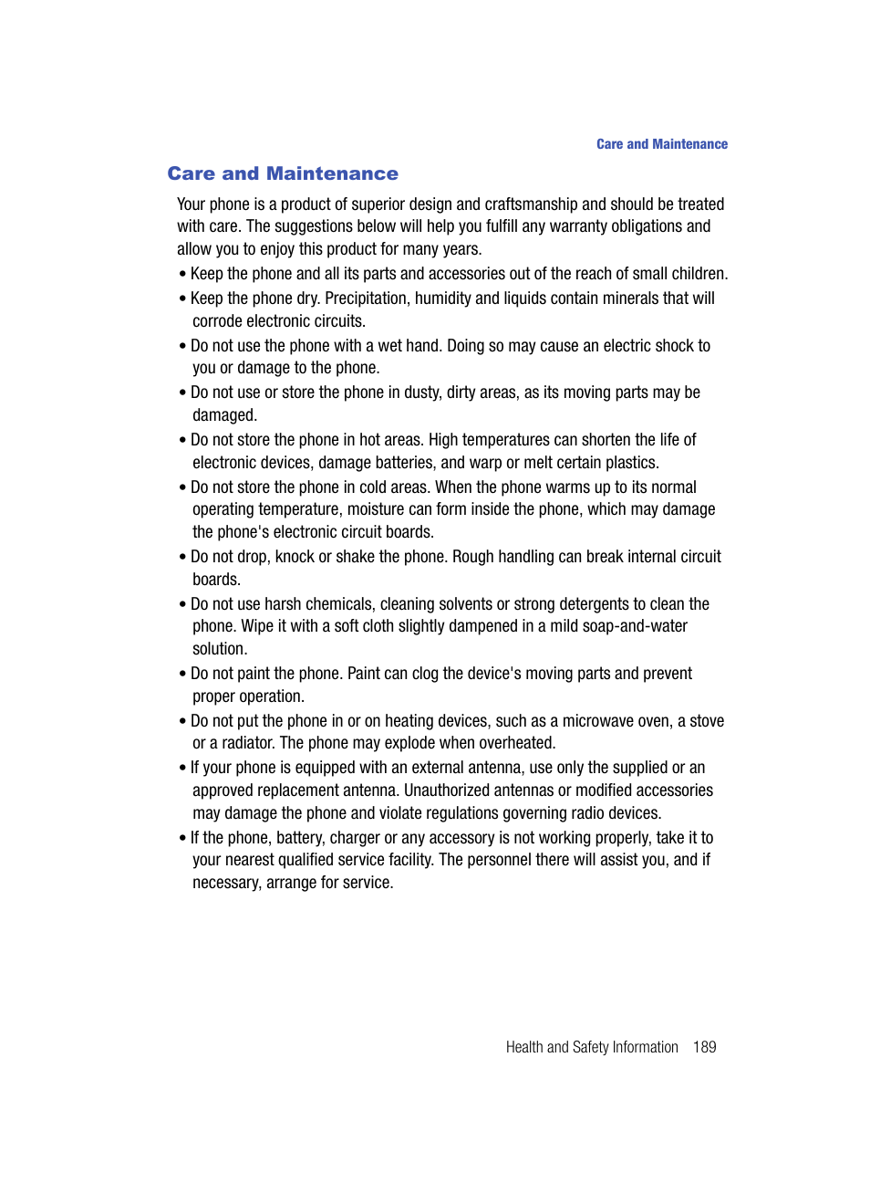 Care and maintenance | Samsung SPH-A513BKASKE User Manual | Page 189 / 197