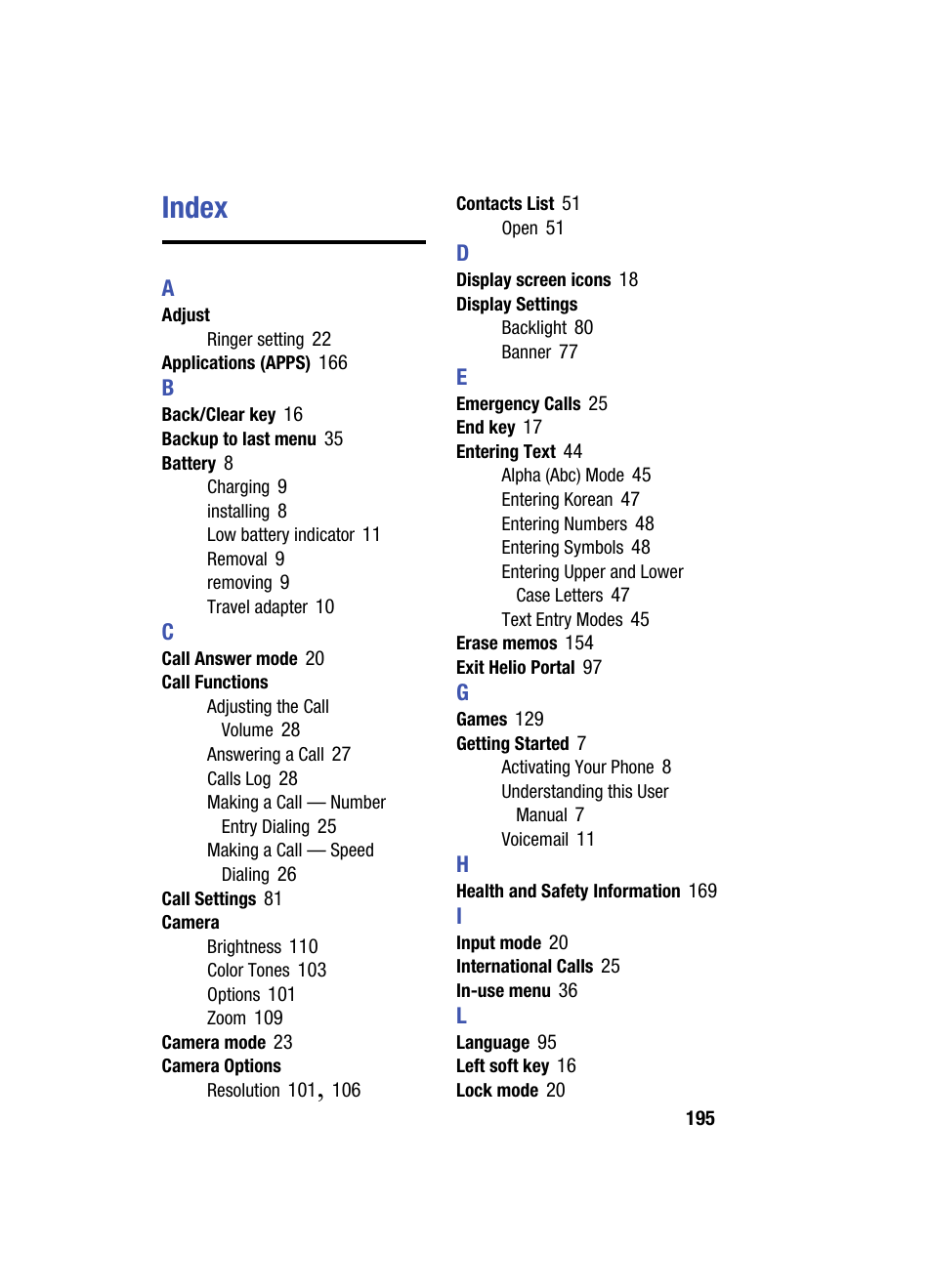 Index | Samsung SPH-A513BKASKE User Manual | Page 195 / 197