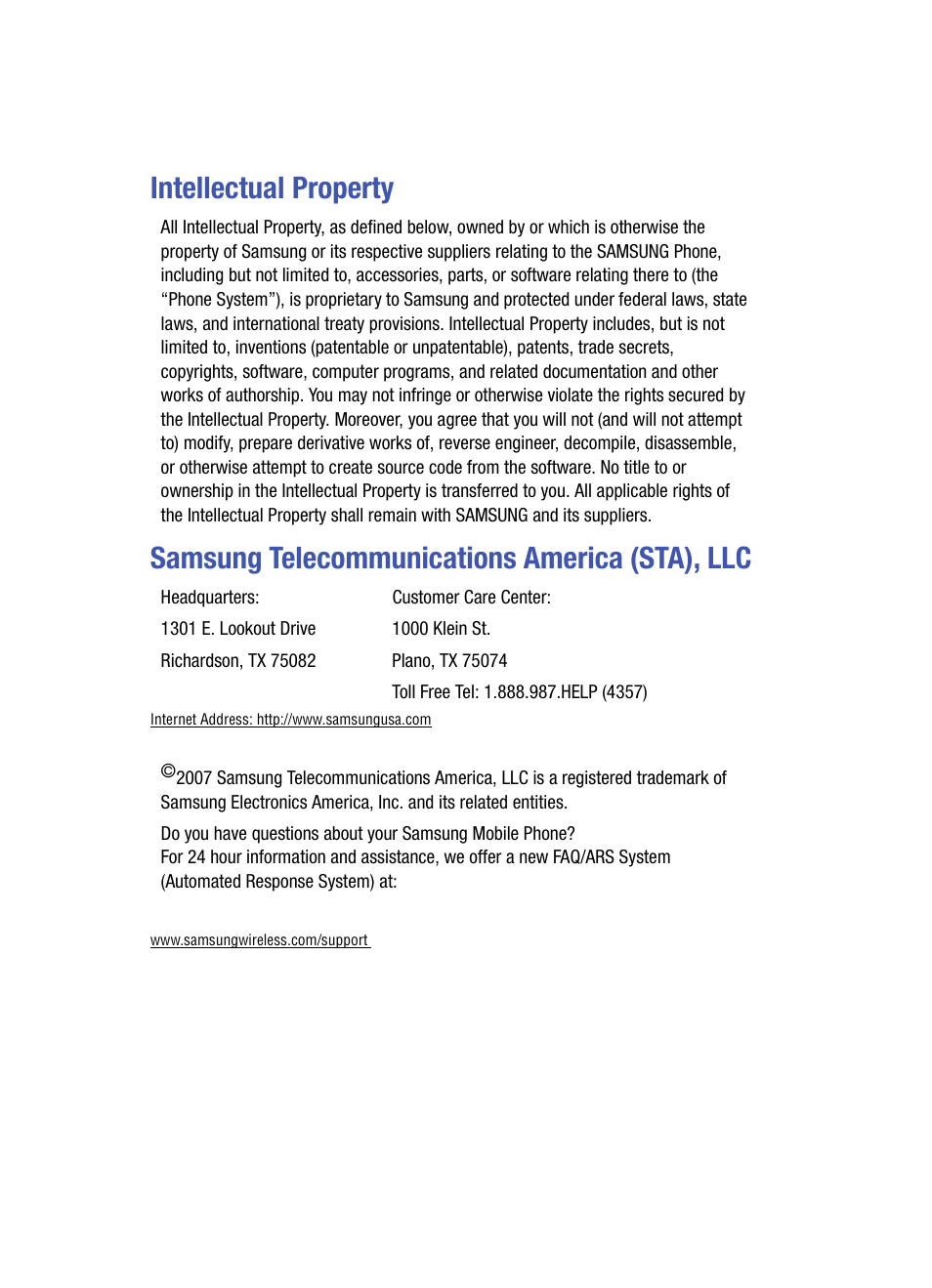 Intellectual property, Samsung telecommunications america (sta), llc | Samsung SPH-A513BKASKE User Manual | Page 2 / 197